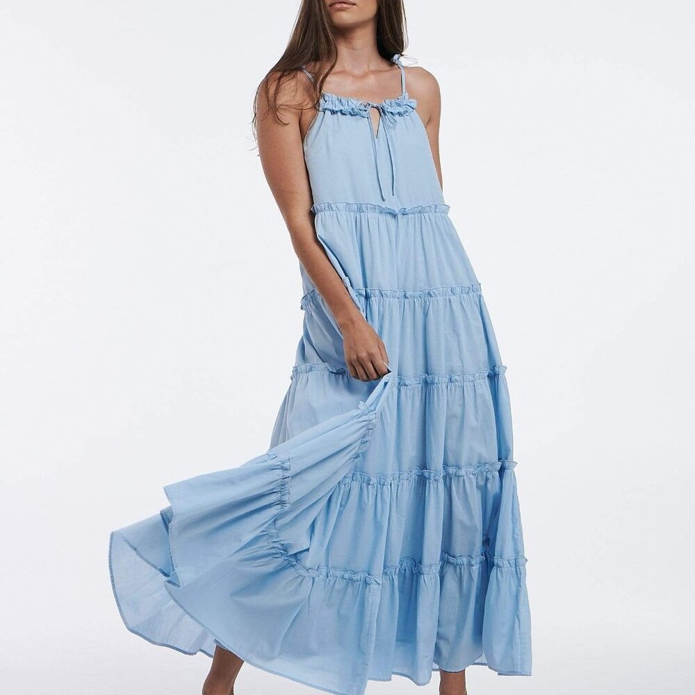 Charlie Holiday Sky Blue Tiered Maxi Senorita Shoulder Tie Dress, Small 100% Cot